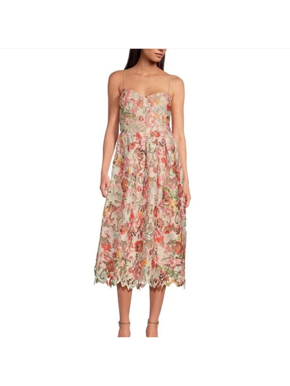 Floral Lace Midi Dress with Spaghetti Straps - Pink Multi